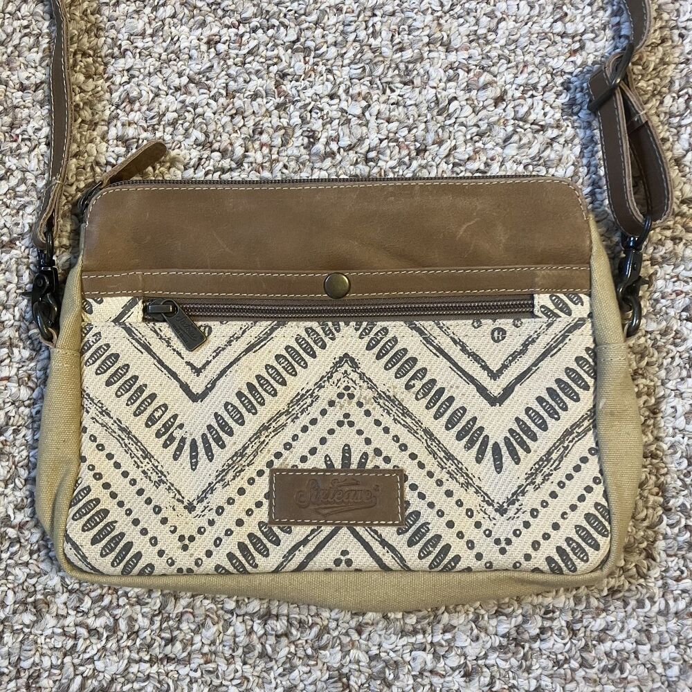 Sixtease Canvas Crossbody Bag Leather Trim Brown Tan Pockets Neutral EUC